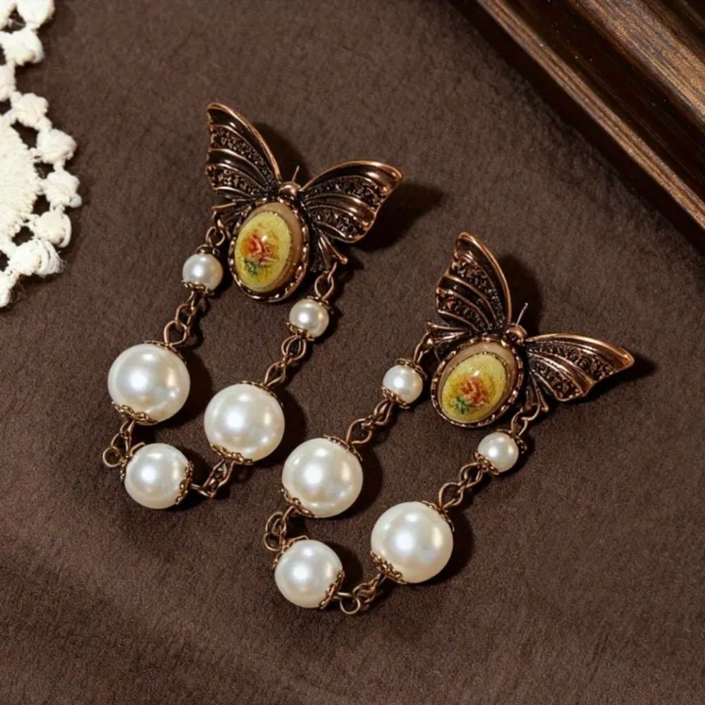 Rustic Pearl Butterfly Dangle  Earrings - Picture 5 of 7